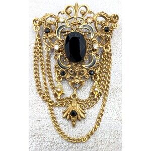 Florenza Brooch Black Cabochon Drape Chain Gold Tone Filigree 2.5in Signed Pin